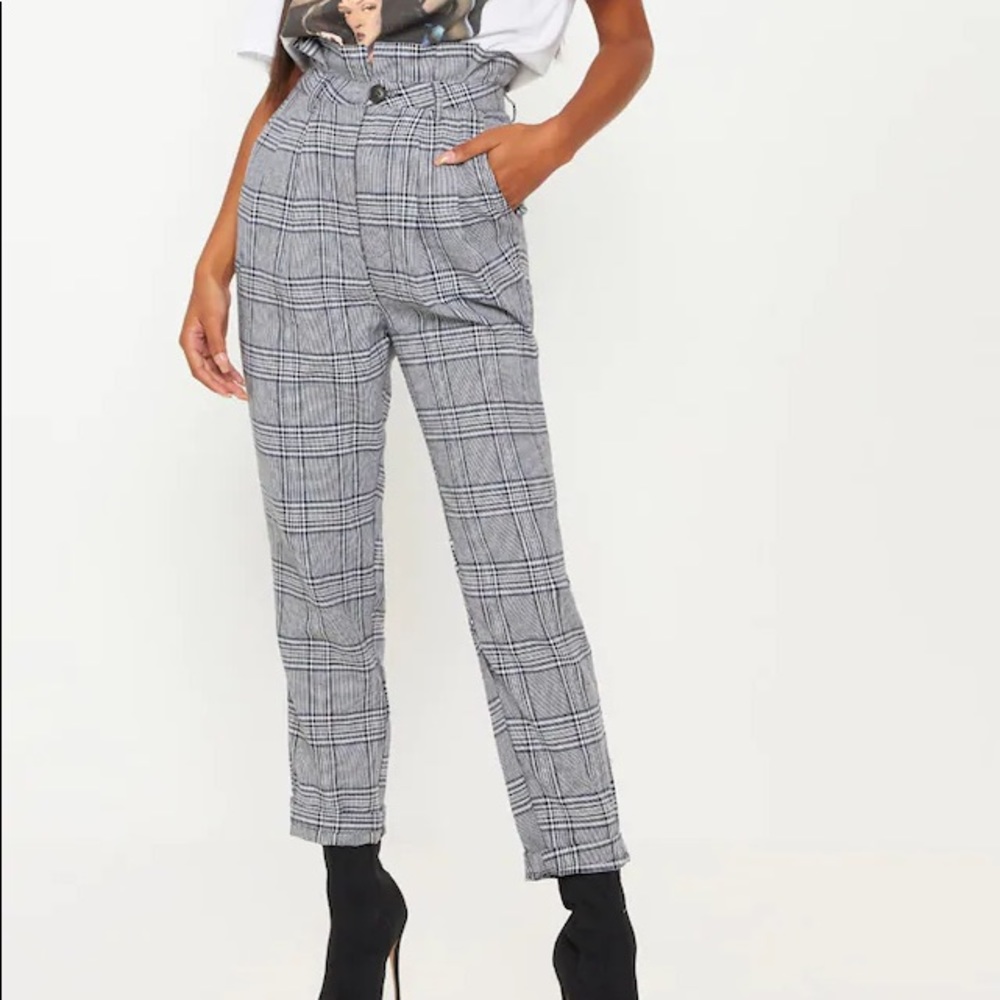 PrettyLittleThing Grey Check Paperbag Pants USA 0